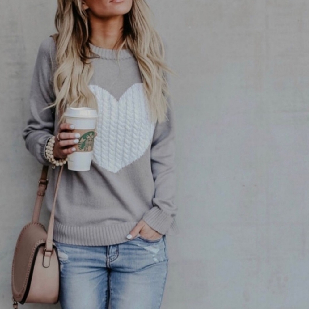 Light Grey Heart Patterned Sweater